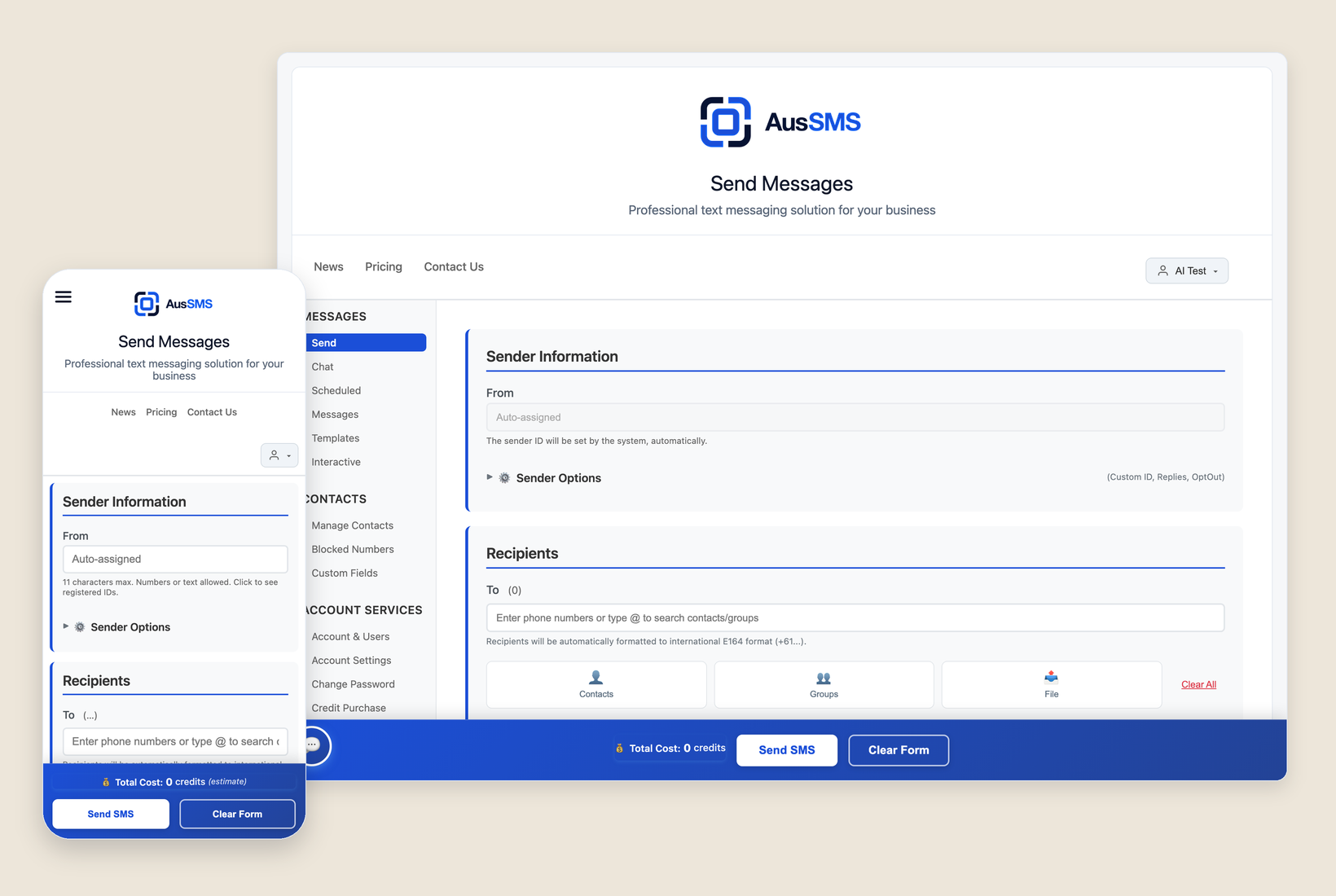 The AusSMS message composer on a desktop screen, with the same page on a phone alongside it